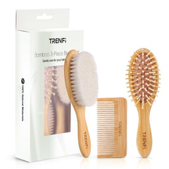 TRENFI bamboo baby hair brush with ultra-soft bristles for newborn comfort.