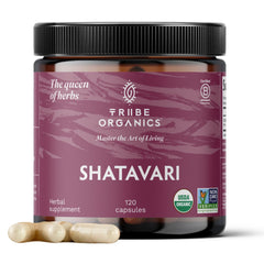 TRIBE ORGANICS Shatavari bottle label highlighting organic, non-GMO formula for hormonal balance support.