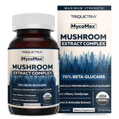 Triquetra Health MycoMax bottle front highlighting 70% beta-glucans for cognitive and immune support