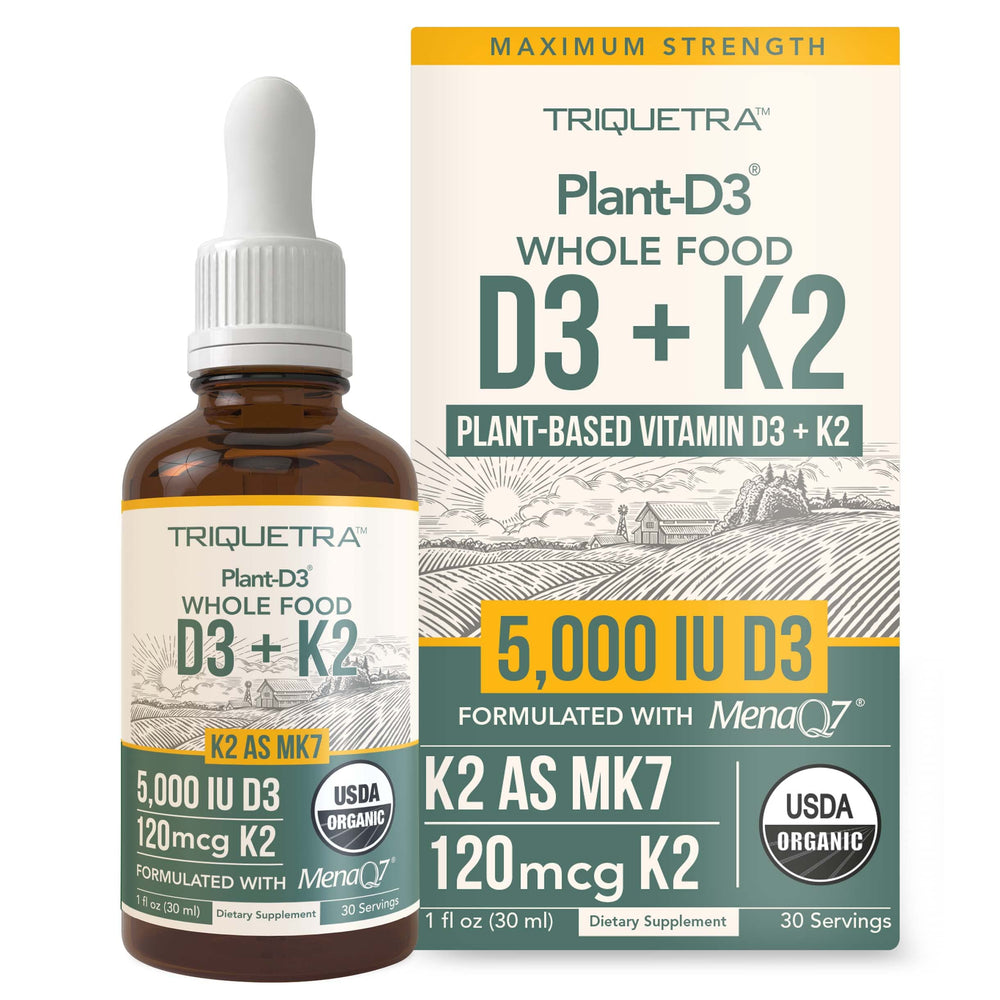 Triquetra Health organic plant D3 + K2 drops bottle for daily wellness.