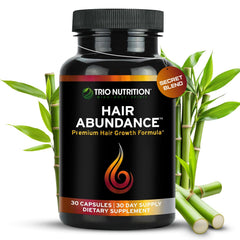 TRIO NUTRITION Hair Abundance bottle close-up supports daily hair growth goals.