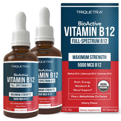 Triquetra Health B12 bottle showing 5000 mcg formula for potential energy support.