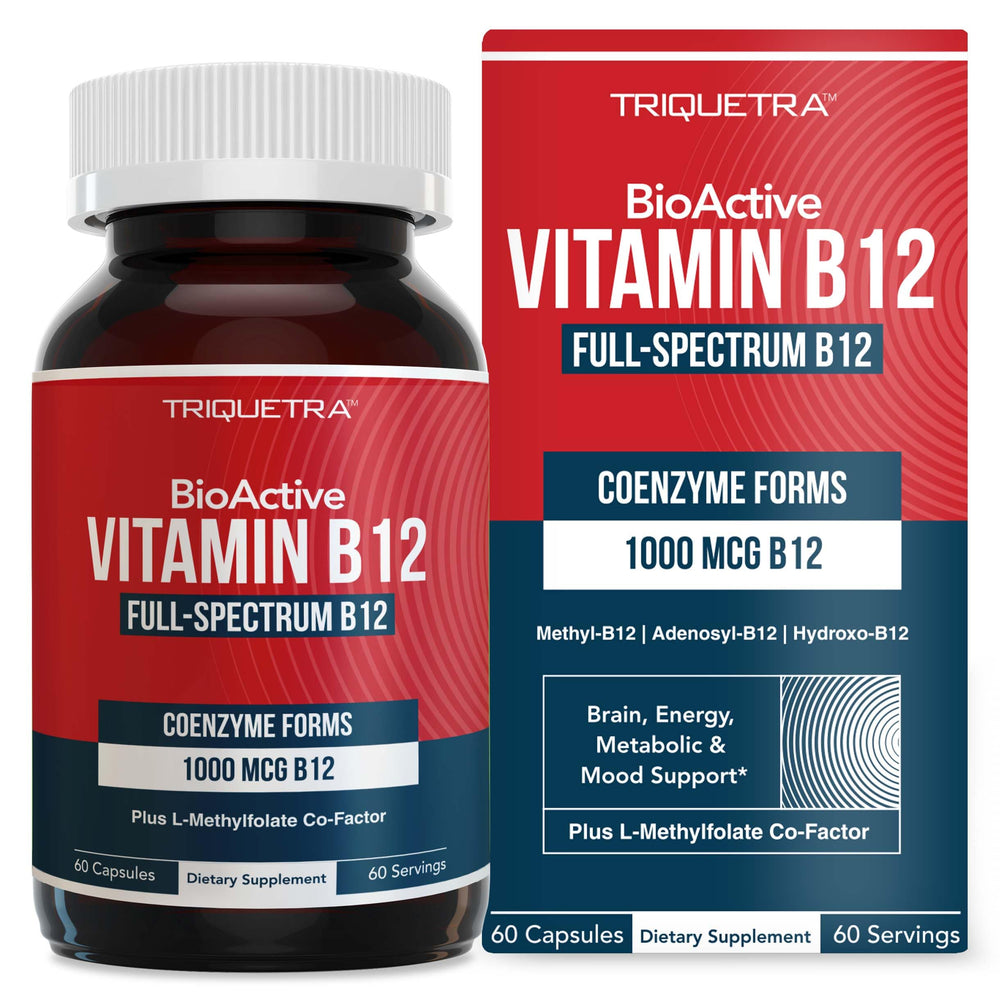 Triquetra Health BioActive B12 bottle front showing 1000 mcg potency for daily energy support.
