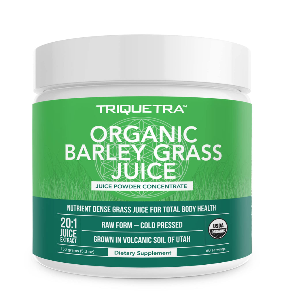 Triquetra Health barley grass juice powder bottle showcasing raw nutrient dense formula for daily smoothies