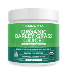 Triquetra Health barley grass juice powder bottle showcasing raw nutrient dense formula for daily smoothies