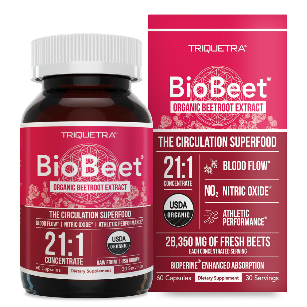 Triquetra Health BioBeet Max bottle front highlighting high-concentration beetroot capsules for daily support