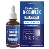 Triquetra Health BioActive B Complex bottle highlights bloodstream-ready vitamins for energy support.