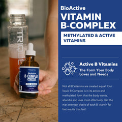 Triquetra Health BioActive B Complex label details methylated B vitamins for quick absorption.