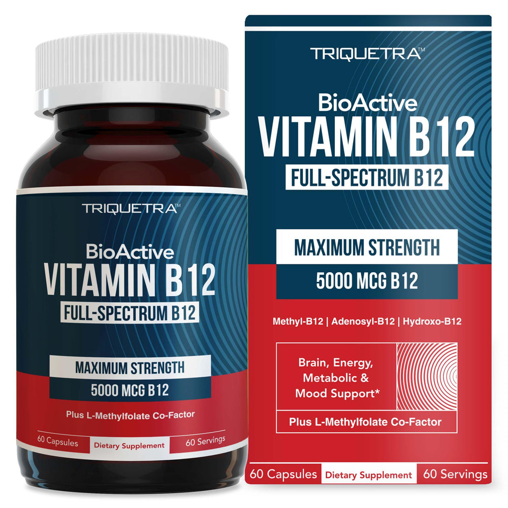 Triquetra Health BioActive B12 bottle highlights high-potency formula for energy support.