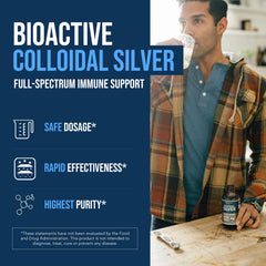Triquetra Health bioactive silver bottle pour demonstrates convenient dosing for daily use.