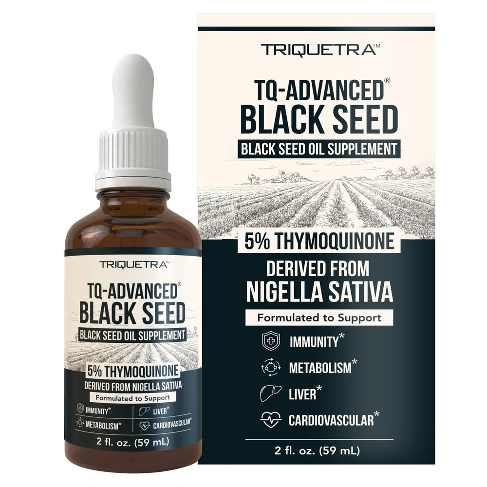 Triquetra Health black seed oil bottle being poured for daily wellness