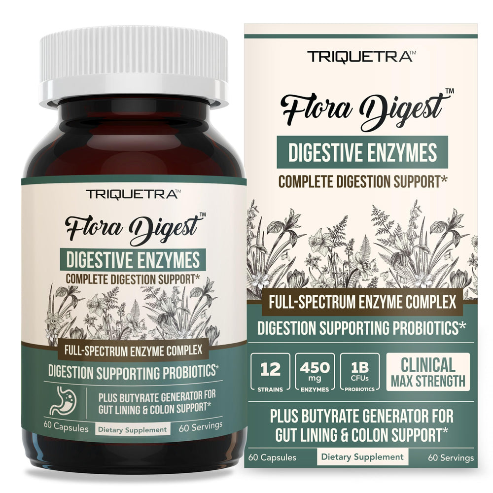Triquetra Health Flora Digest bottle front view showing product in daily use context
