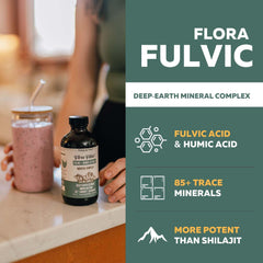 Close-up of Flora Fulvic label highlighting fulvic and humic acids for gut support.