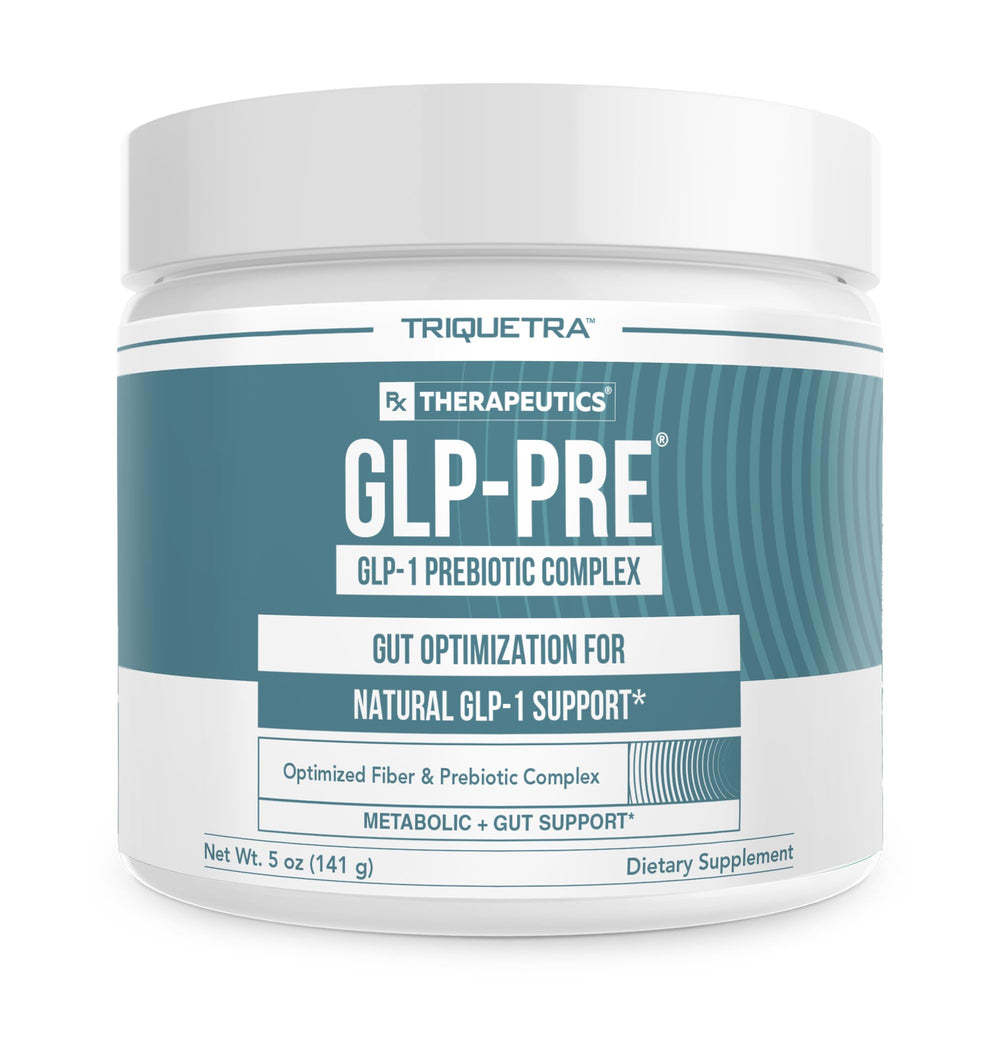 Triquetra Health GLP-Pre bottle closeup with neutral prebiotic powder for daily gut support.