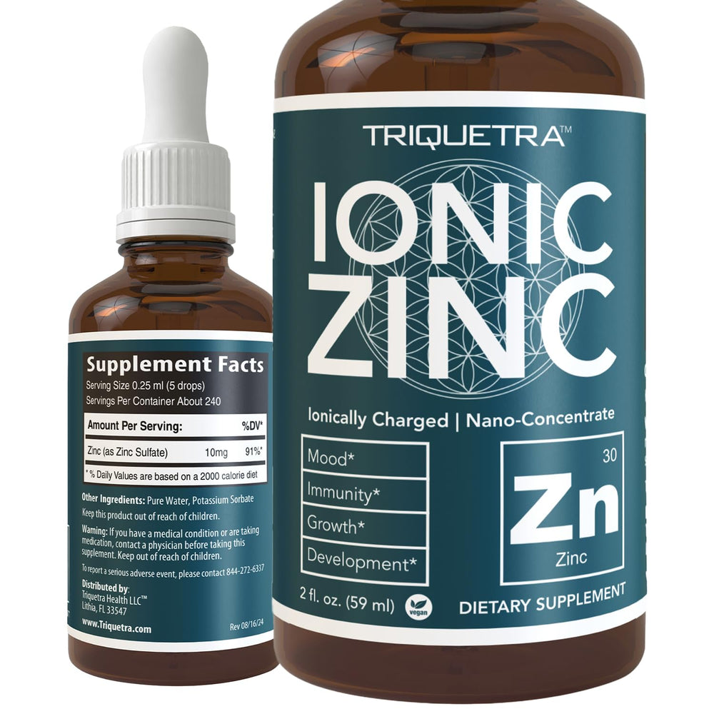 Triquetra Health Ionic Zinc bottle showing 8-month supply for continuous immunity support.