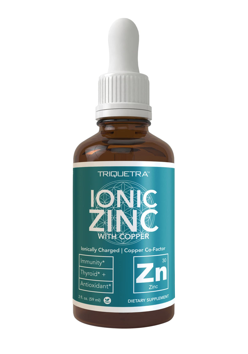 Triquetra Health Ionic Zinc Plus Copper bottle label highlighting balanced minerals for daily wellness