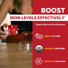 Triquetra Health liquid iron pour demonstrates convenient half tablespoon dosing