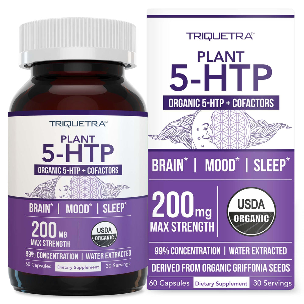 Triquetra Health Organic 5-HTP water-extract bottle promotes calm mood.