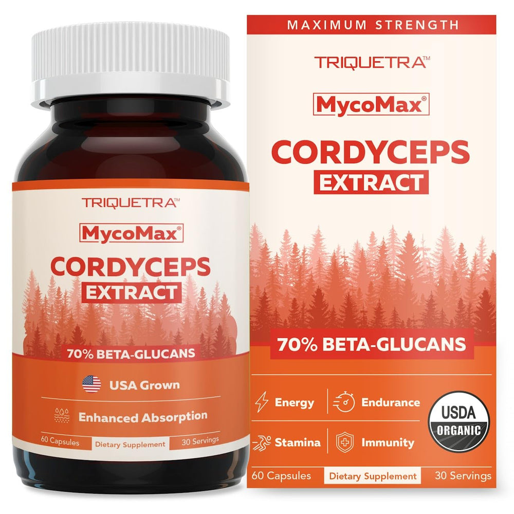 Triquetra Health Organic Cordyceps bottle front view signaling daily energy and stamina.
