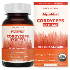 Triquetra Health Organic Cordyceps bottle front view signaling daily energy and stamina.