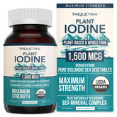Triquetra Health iodine bottle shows 1500 mcg per capsule for thyroid support.