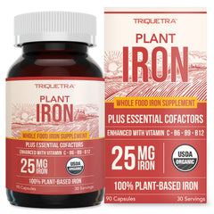 Triquetra Health Organic Iron supplement bottle showing 90 capsules for daily support
