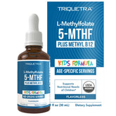 Triquetra Health Organic Kids Methylfolate bottle front view, flavorless sublingual formula for easy daily use.