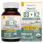Triquetra Health Organic Plant D3 + K2 bottle front; algae-based vitamins for daily balance.