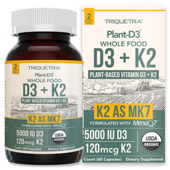 Triquetra Health Organic Plant D3 + K2 bottle front; algae-based vitamins for daily balance.