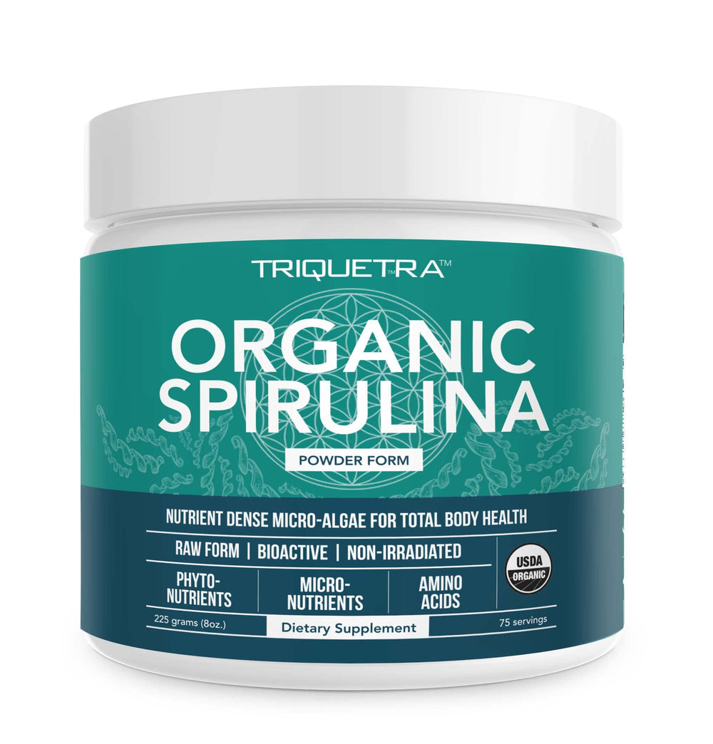 Triquetra Health organic spirulina powder bottle for daily greens boost.