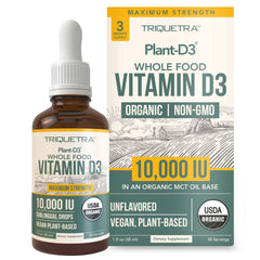 Triquetra Health Organic Vitamin D3 bottle highlighting 10,000 IU for daily wellness.