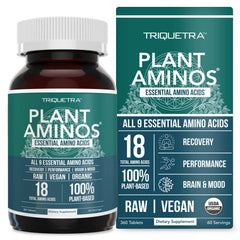 Triquetra Health Plant Aminos bottle promotes convenient vegan EAAs for workouts.