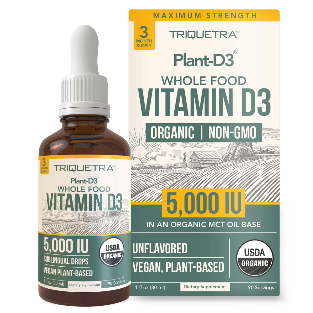 Triquetra Health Plant-D3 bottle shows vegan organic D3 for daily immune support.
