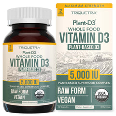 Triquetra Health Plant-D3 bottle showing high-strength, plant-based vitamin D3 for daily wellness.