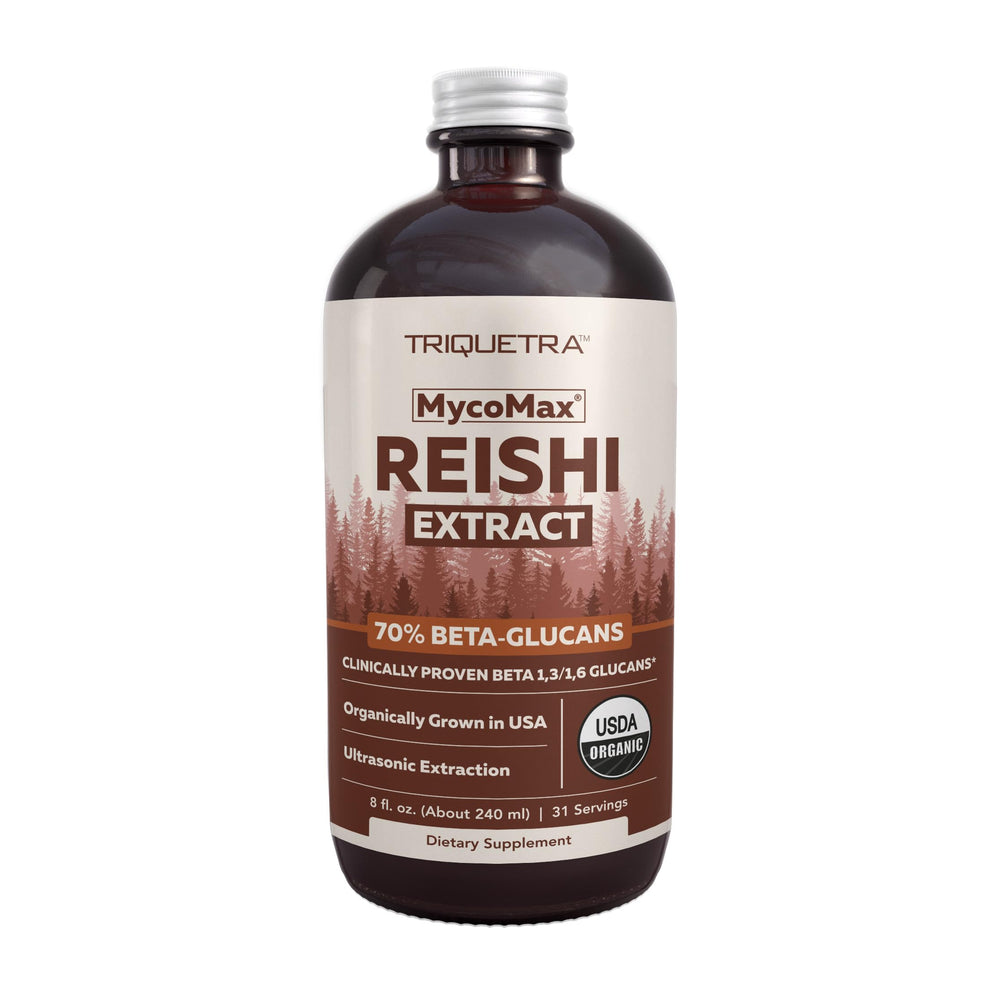 Triquetra Health Reishi bottle close-up highlighting calm balance.