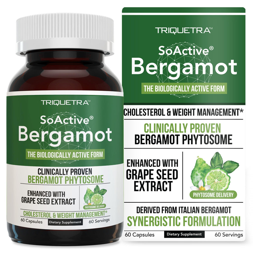 Triquetra Health SoActive Bergamot bottle with label hints at cholesterol and weight management potential.