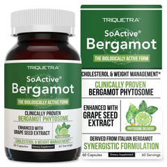 Triquetra Health SoActive Bergamot bottle with label hints at cholesterol and weight management potential.