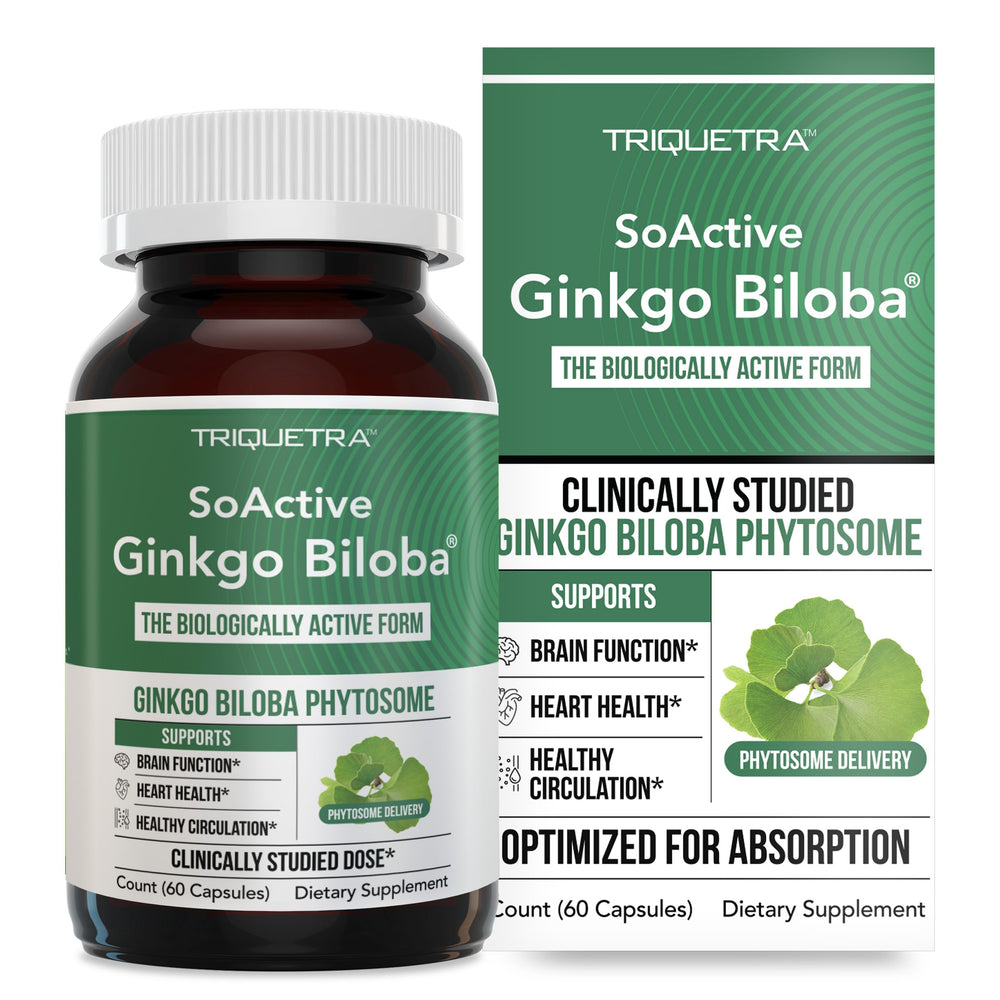 Triquetra Health SoActive Ginkgo Select Phytosome bottle enhances absorption for sharper focus.