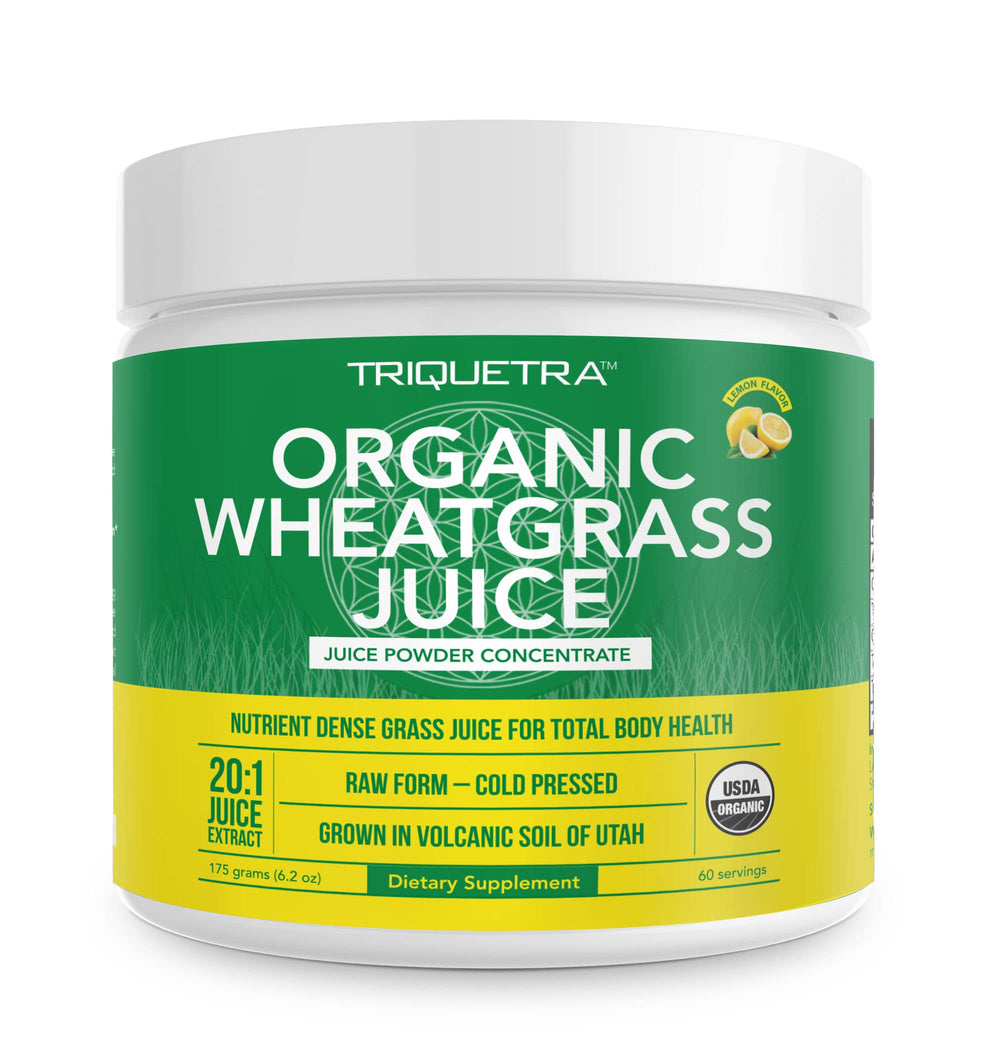 Triquetra Health wheatgrass juice powder bottle showing vibrant green concentrate for daily energy.
