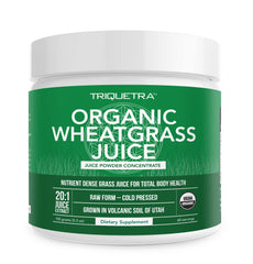 Triquetra Health Wheatgrass Juice Powder bottle offers convenient daily greens boost.