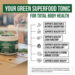 Triquetra Health Wheatgrass Powder jar label shows organic Utah volcanic soil origin.