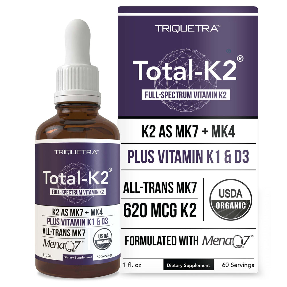 Triquetra Health Total K2 bottle closeup highlighting full-spectrum K2 benefits