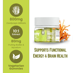Troomy Boost Cordyceps gummy piece shows candy-like texture and focus support