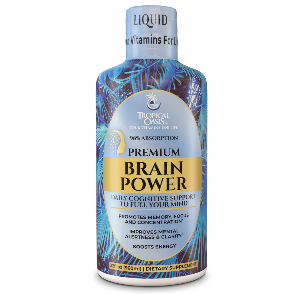 Tropical Oasis Brain Power bottle closeup for mental clarity and focus.