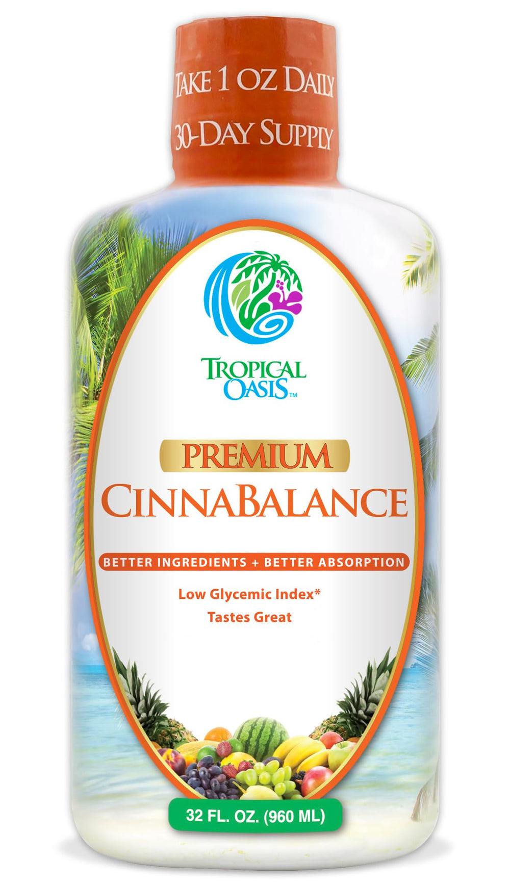 Tropical Oasis Cinnabalance bottle front, daily cinnamon-forward routine.