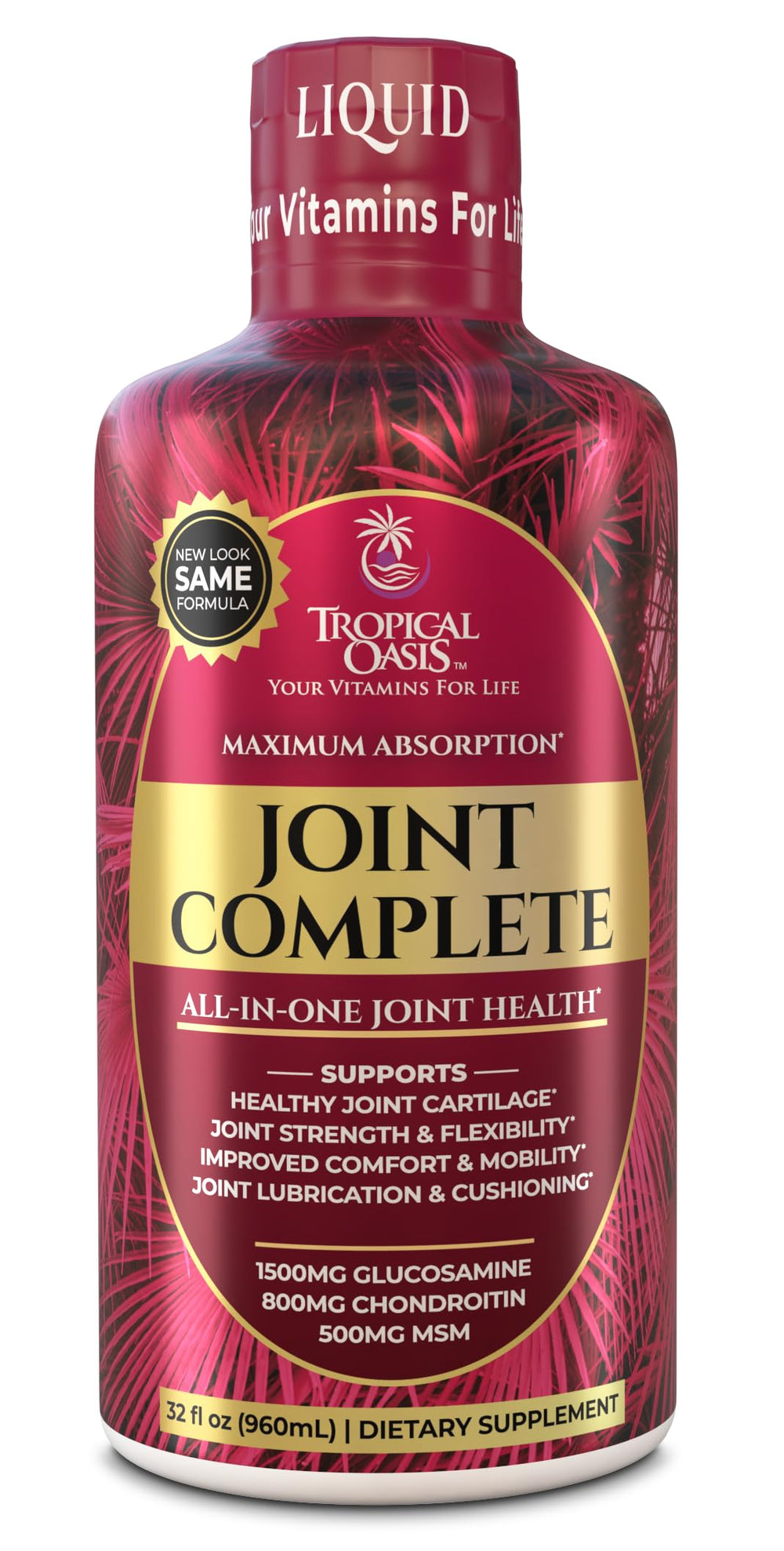 Tropical Oasis Joint Complete bottle shown for easy daily dosing