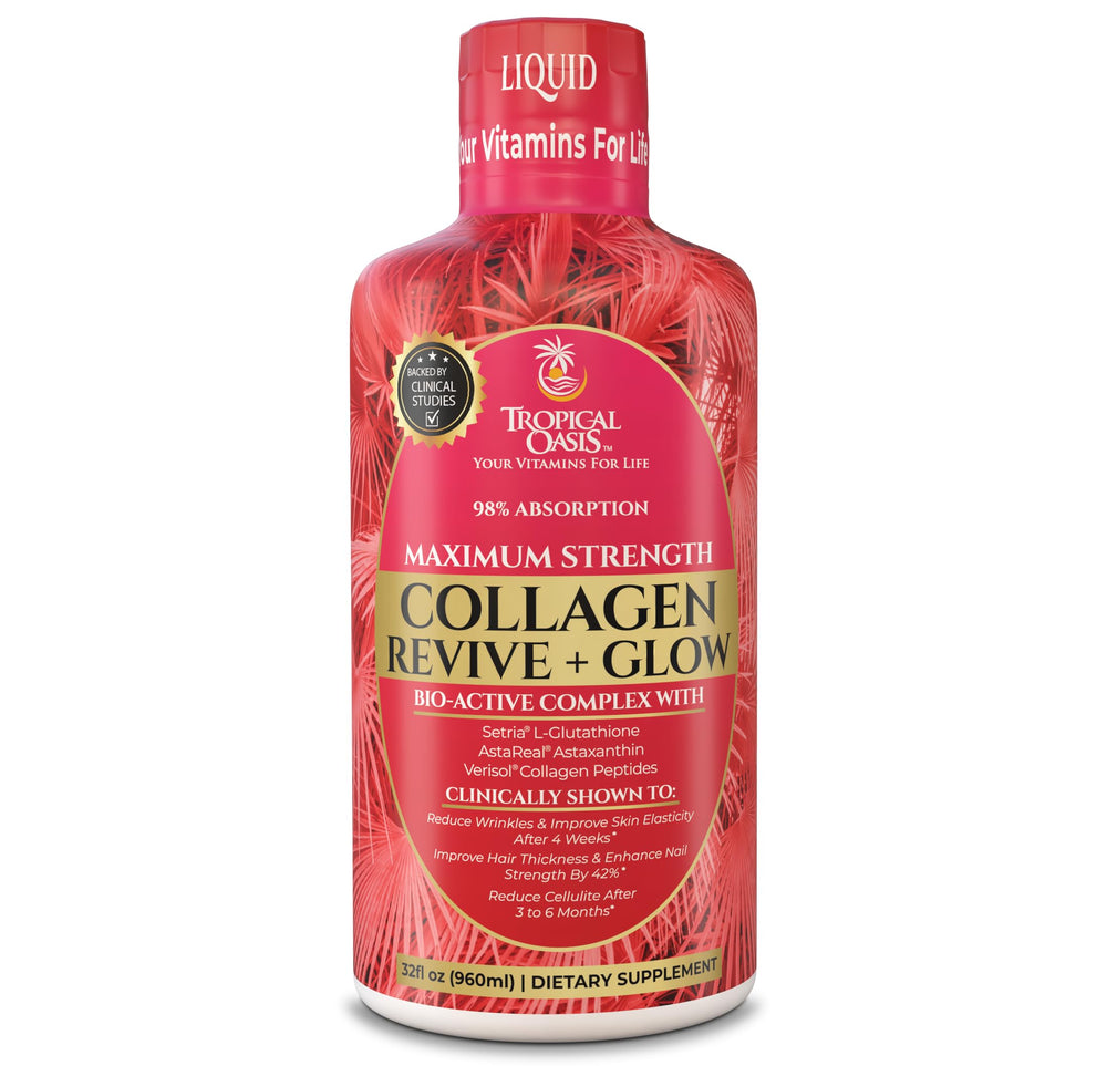 Tropical Oasis Liquid Collagen Glow bottle highlighting 5000mg VERISOL for radiant skin