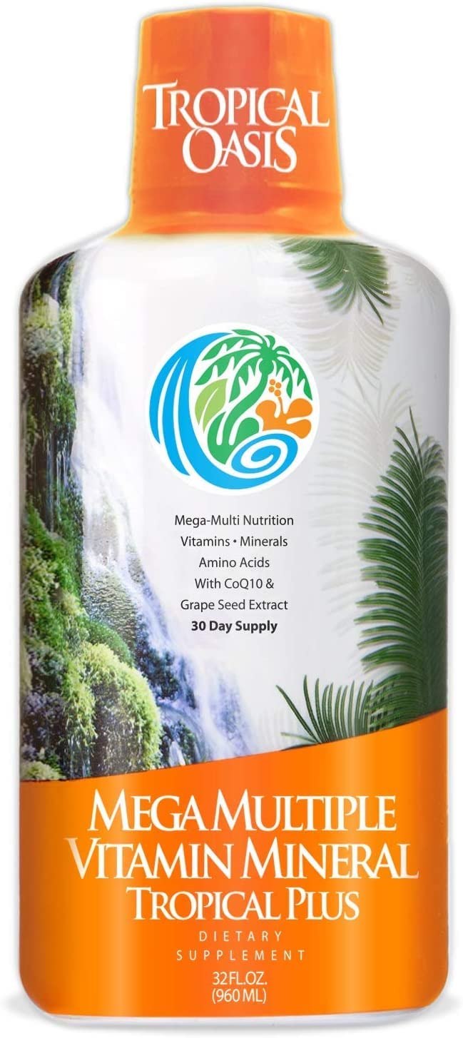 Tropical Oasis Mega Plus bottle front showing the 32 oz size for daily use.