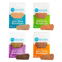 Tru-Colour skin-tone shade bandages in a multicolor pack protect minor cuts discreetly.