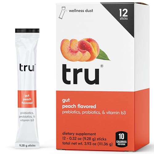 Tru Gut Powder peach stick-pack closeup for on-the-go gut support